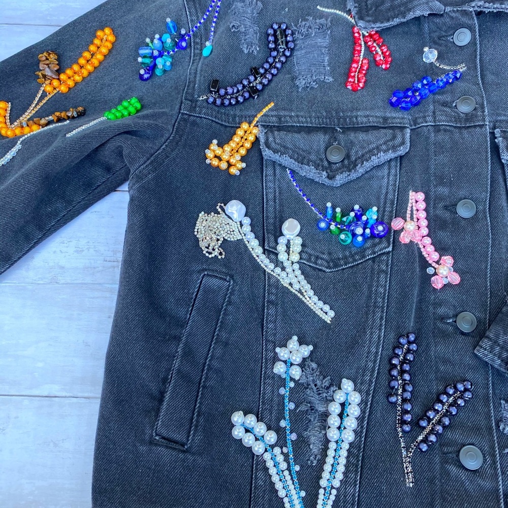 Black handmade embroidered denim jacket - Picture 2 of 3
